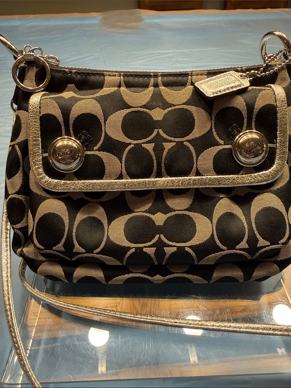 Coach Black and Tan Signature Crossbody with Metallic Trim